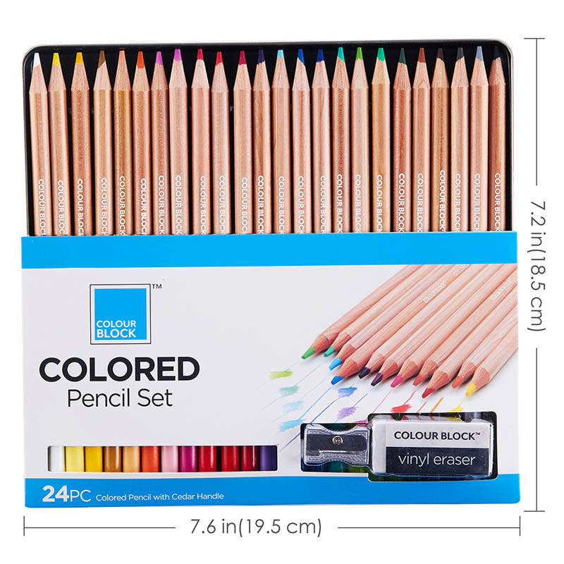 COLOUR BLOCK 24pc Colored Pencil Set with Premiun Cedar Handle, Bonus Vinyl  Eraser, and Sharpener in Tin Box For Painting, Drawing