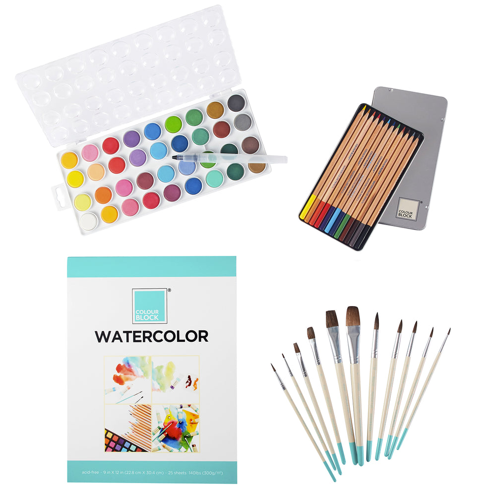 COLOUR BLOCK 62pc Watercolor Cake Set, Pencil, Brushes and Watercolor Paper Painting  Set. Art Kit for Children, Teens, Adults